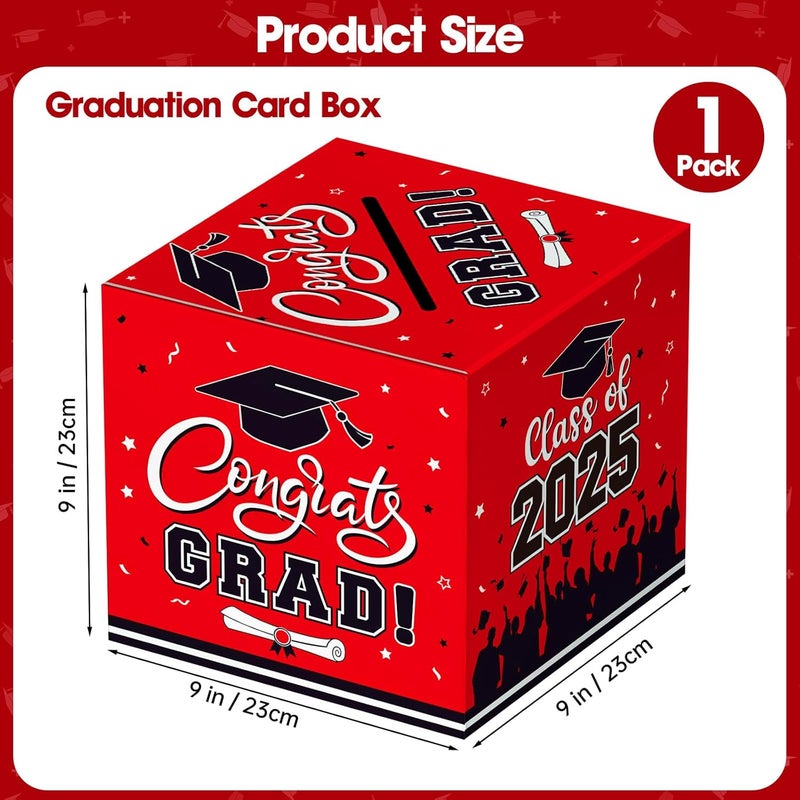 PERFQU Graduation Card Box 2025 - Congrats Grad Card Boxes Holder, Red Class of 2025 Graduation Gift Cards Box for Graduation Party Decorations 2025 Favors Decor Supplies Props,9x 9 x 9 inches - Image 3